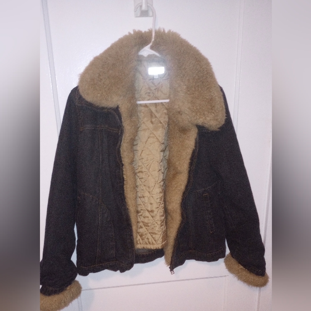 Giacca Size Large Womens Trucker Denim Jacket Faux Fur Trim Quilted Lined